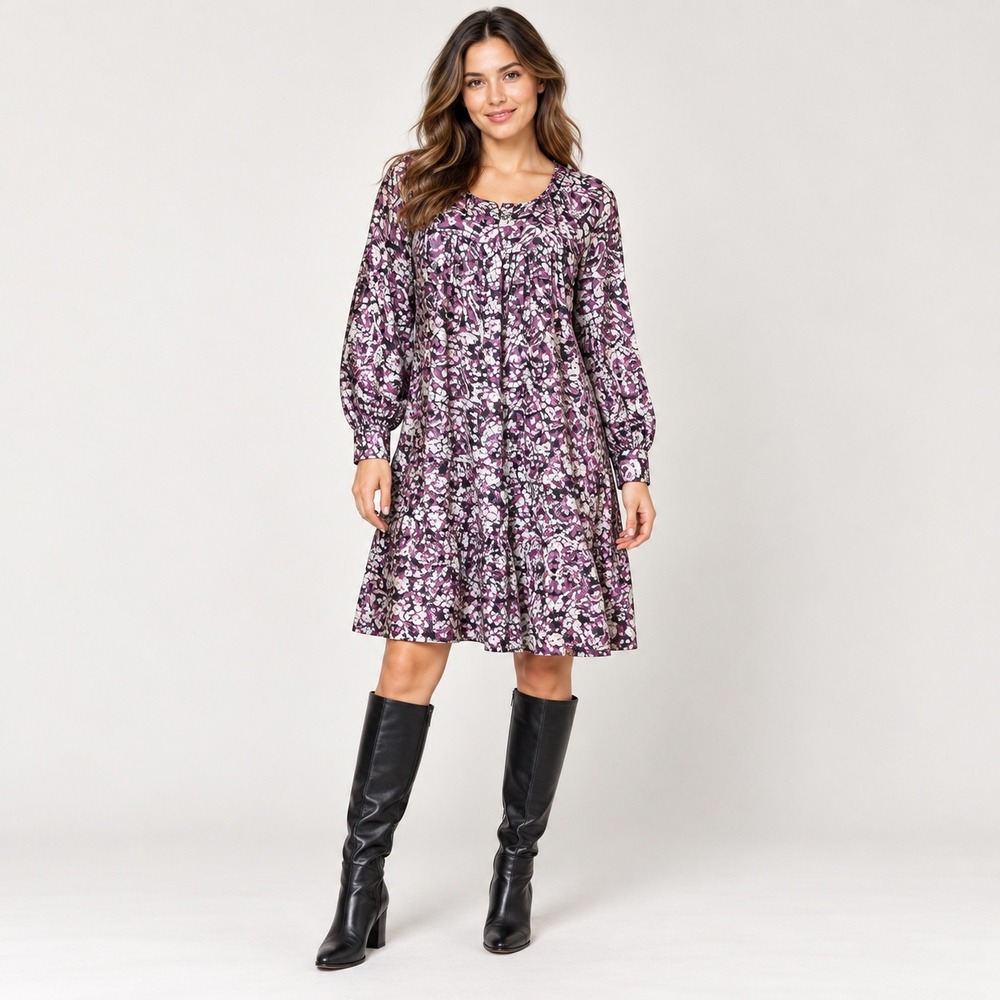Sea New York Borealis Purple Abstract Batik Tiered Ruffle Tunic Dress Large